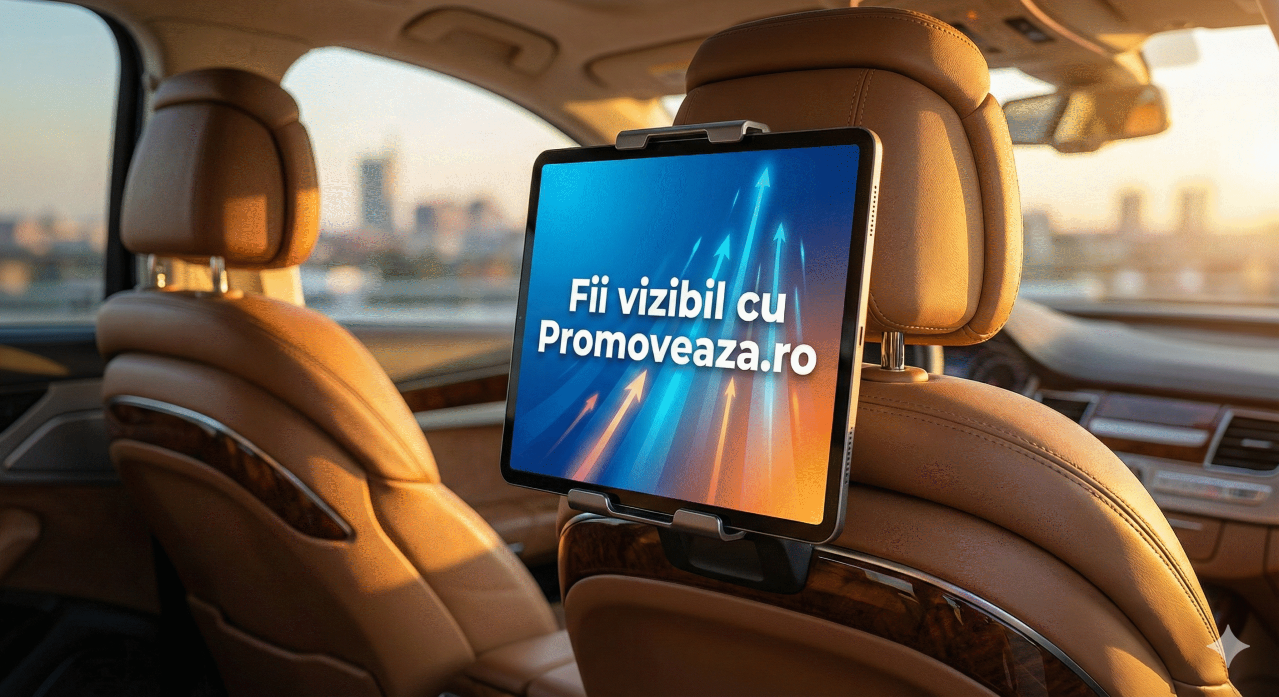 Tabletă cu reclamă afișată în mașină